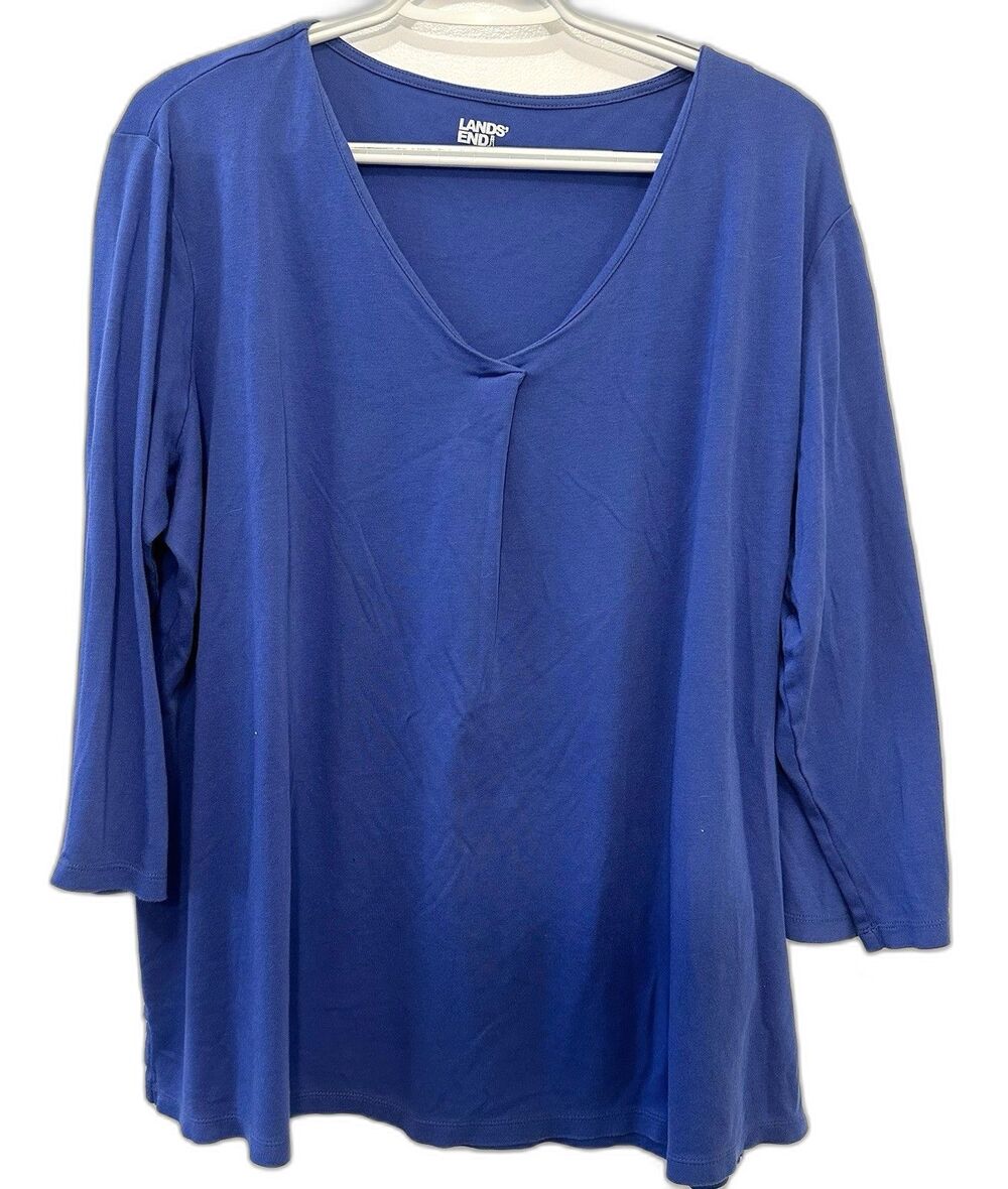 Lands’ End Women’s XL Blue V-Neck 3/4 Sleeve Knit Top Cotton Modal